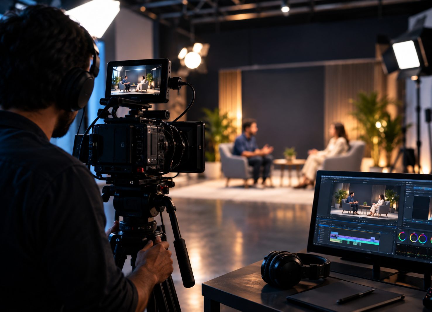 Video production studio with a professional camera operator filming an interview and an editor working on video footage.